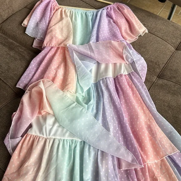 Off-Shoulder Pastel Rainbow Tiered Maxi Dress - Strapless Style - Picture 4 of 9